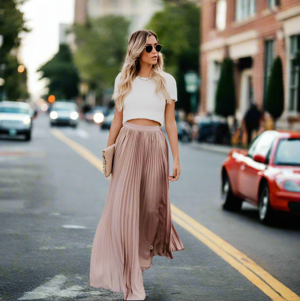 Femme | Jupe maxi plissée à taille élastique et tombé fluide