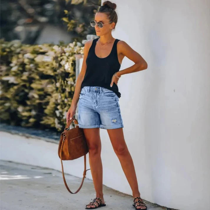 Femme | Short en jean à taille ajustable et coupe droite
