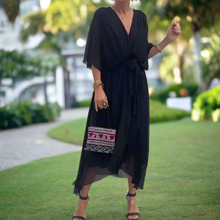 Femme | Robe midi fluide à col en V et manches trois-quarts