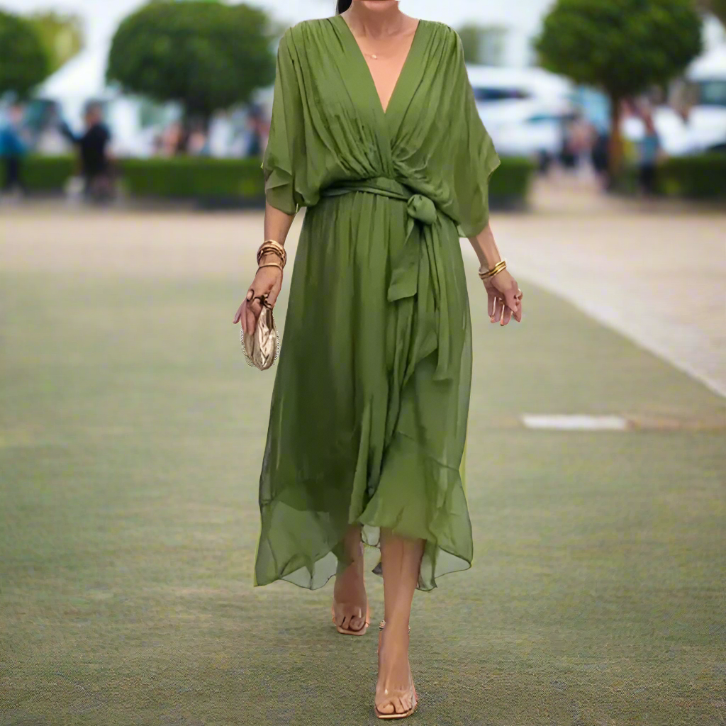 Femme | Robe midi fluide à col en V et manches trois-quarts