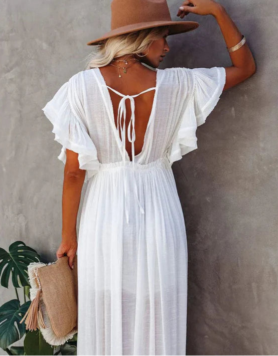 Femme | Robe longue à col en V avec fermeture à nouer dans le dos