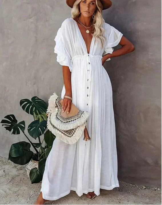 Femme | Robe longue à col en V avec fermeture à nouer dans le dos