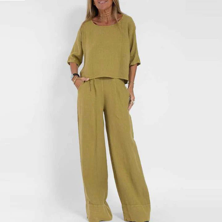 Femme | Ensemble deux pièces à manches mi-longues et pantalon à jambes larges