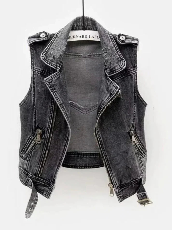 Femme | Veste sans manches en jean zippée à coupe droite
