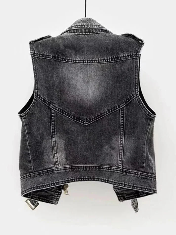 Femme | Veste sans manches en jean zippée à coupe droite