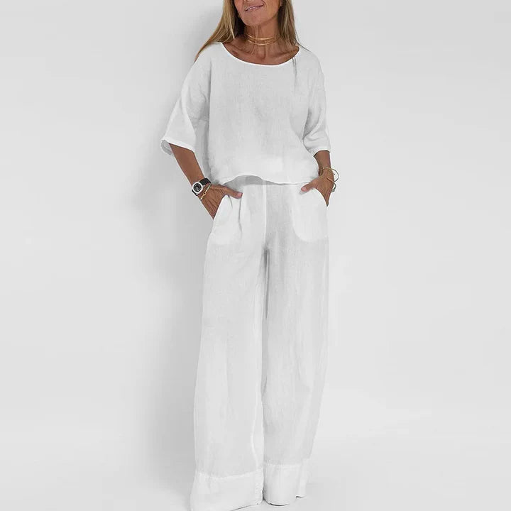 Femme | Ensemble deux pièces à manches mi-longues et pantalon à jambes larges