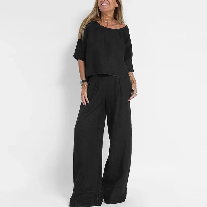 Femme | Ensemble deux pièces à manches mi-longues et pantalon à jambes larges