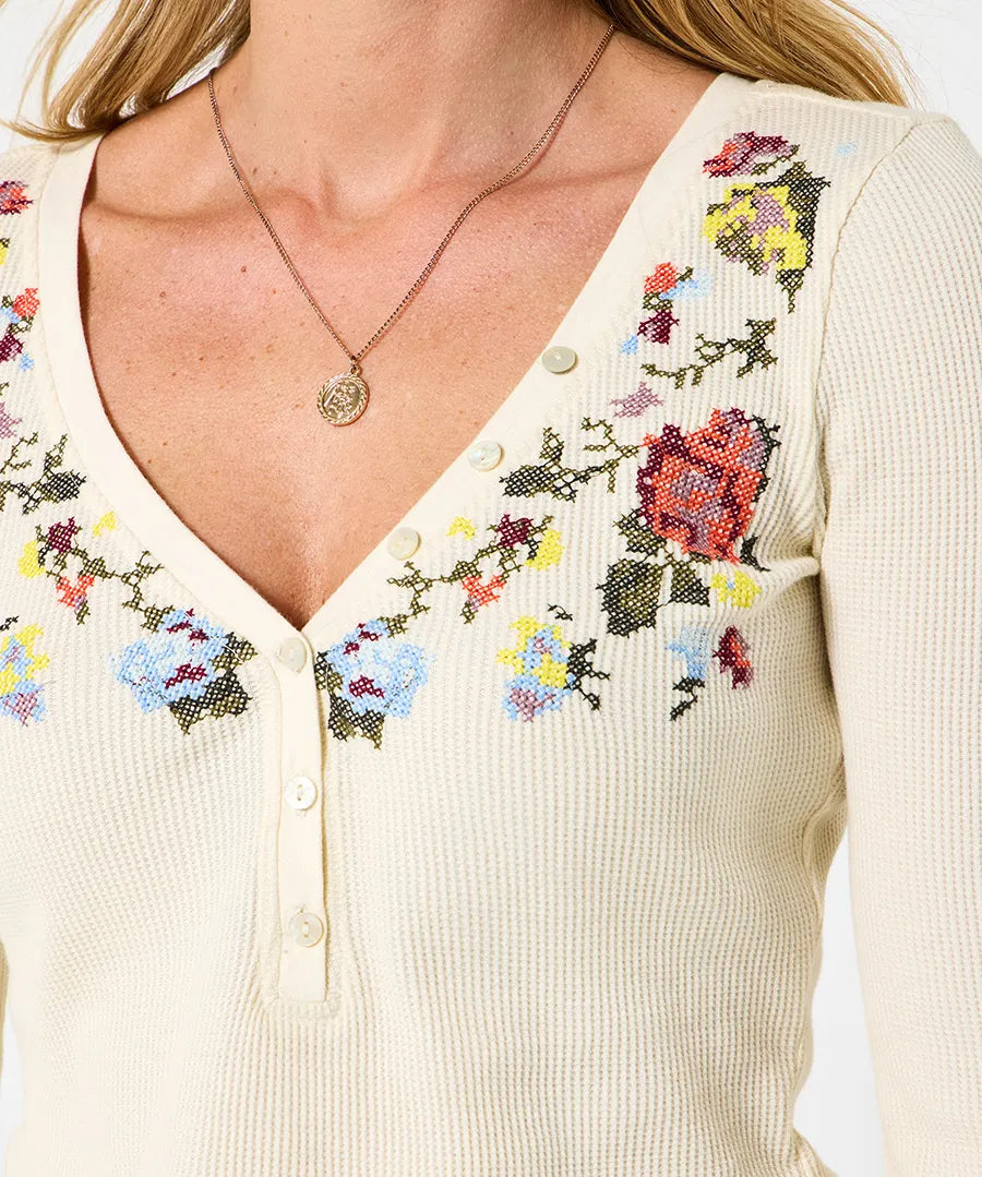 Femme | Top Henley à manches longues et broderie
