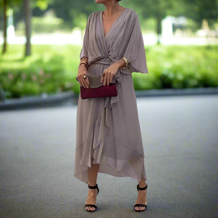 Femme | Robe midi fluide à col en V et manches trois-quarts