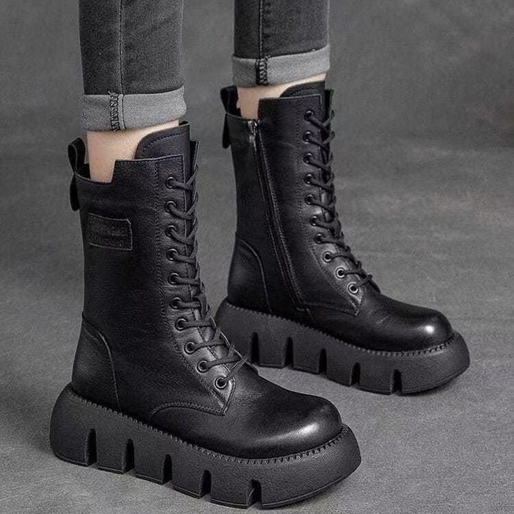 Femme | Bottes mi-hautes à lacets avec semelle crantée et bout arrondi